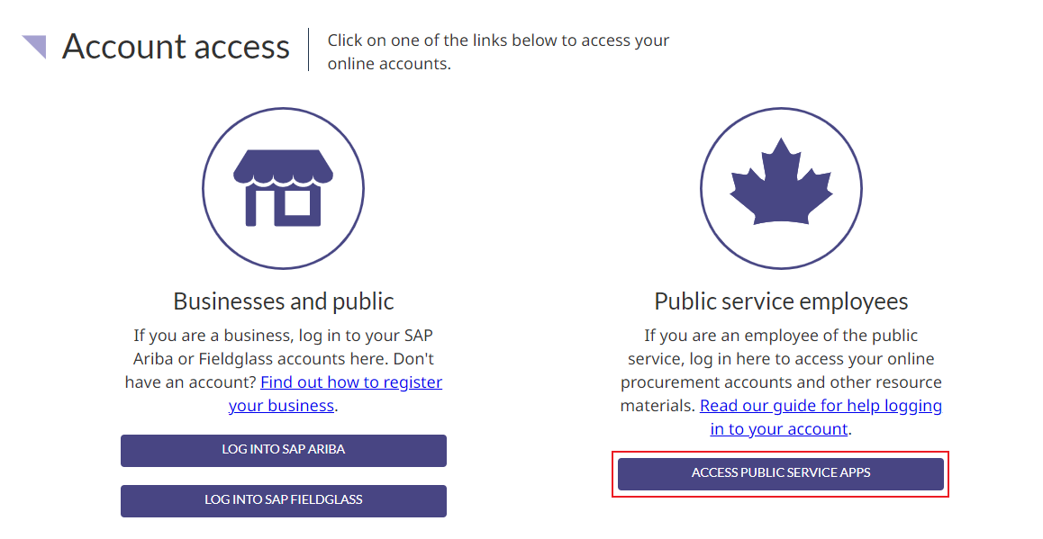 A screenshot of the Account access page, with  the Access Public Service Apps button highlighted.