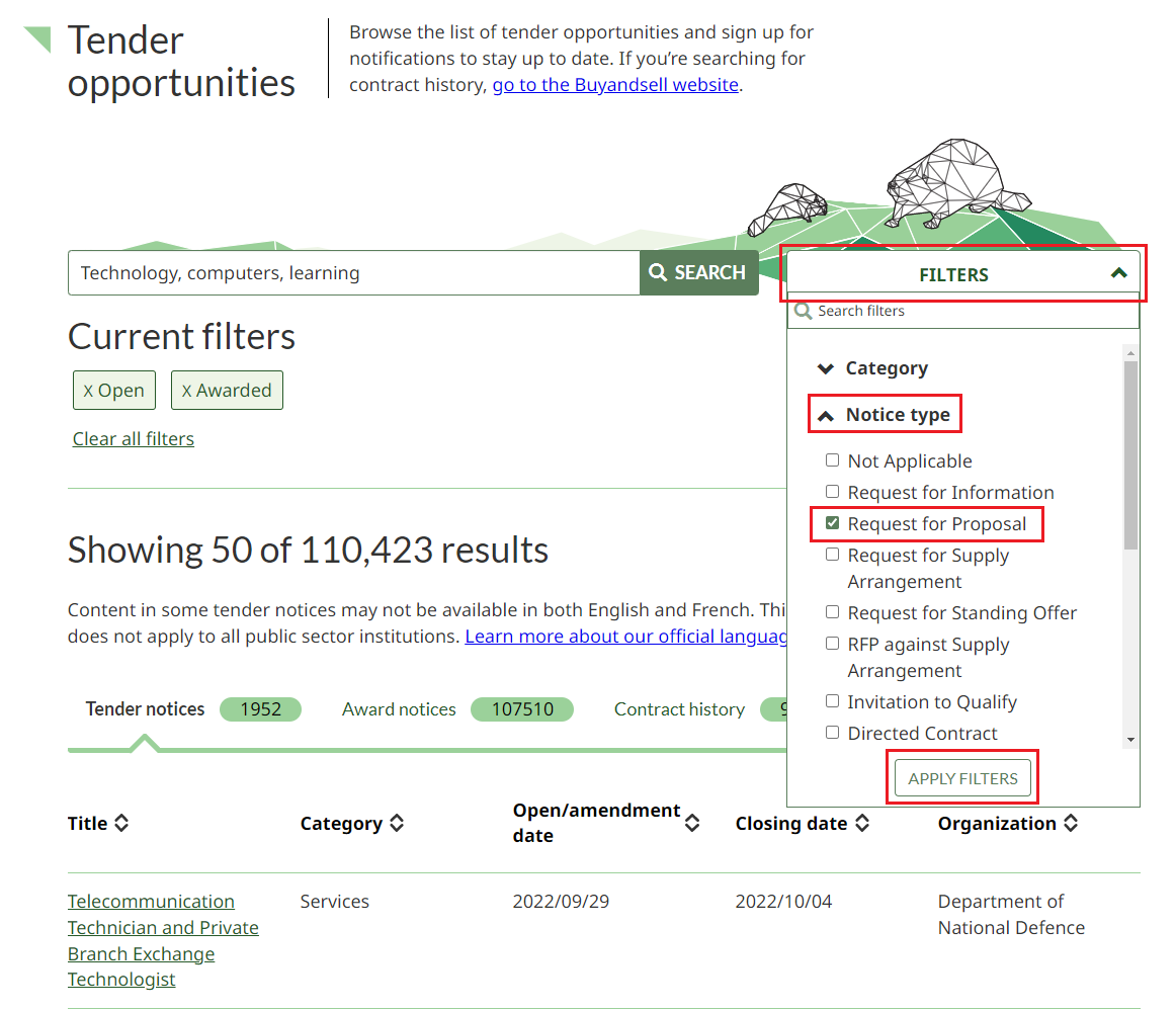 A screenshot of the Tender opportunities page, with the filters drop-down box,  Notice type filter, Request for Proposal filter option, and Apply filters button highlighted. 