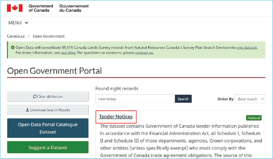 A screenshot of the Open Government Portal search results page with the title of a data report highlighted.