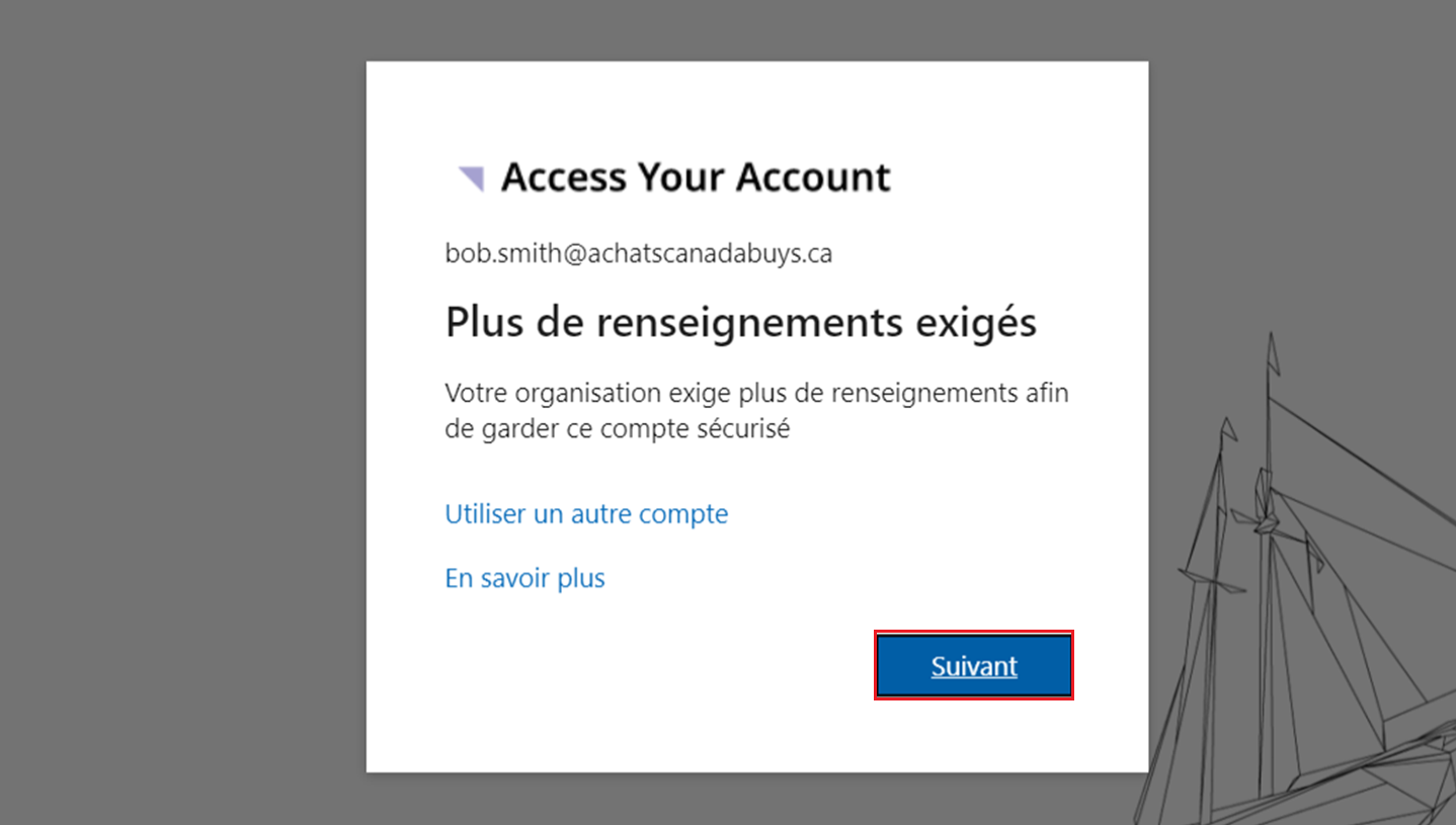 Une capture d'écran de la page Access Your Account avec le bouton Suivant mis en évidence.