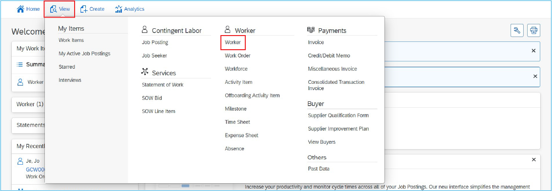 A screenshot of the SAP Fieldglass homepage with red boxes around the View tab and the Worker section in the menu.