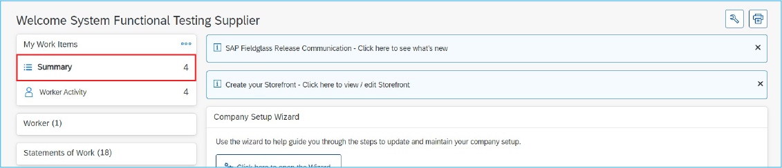 A screenshot of the SAP Fieldglass homepage with the Summary section of the My Work Items menu highlighted.