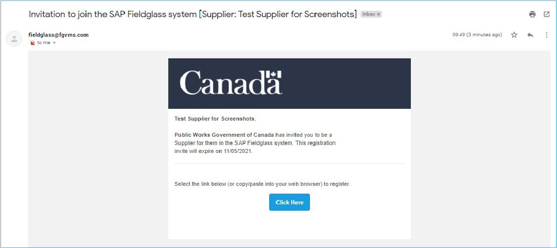 A screenshot of the email invitation from the CanadaBuys system administrator to join SAP Fieldglass.