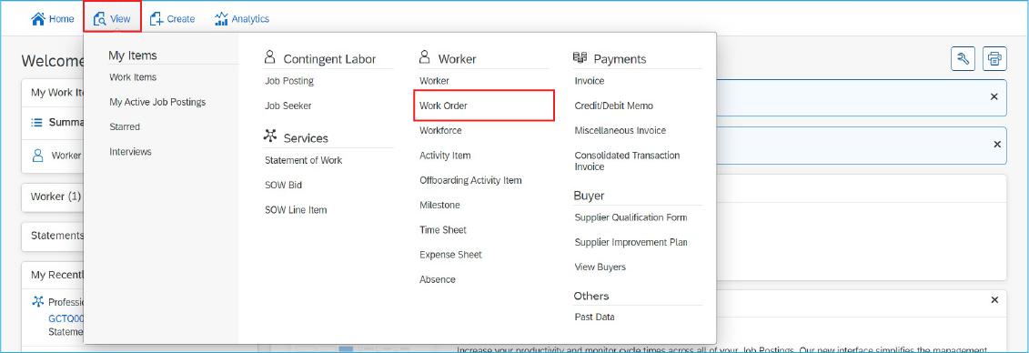 A screenshot of the SAP Fieldglass homepage with the View tab and Work Order in the menu highlighted.