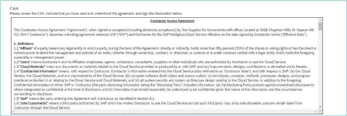 A screenshot of the terms and conditions of the Contractor Access Agreement (CAA).