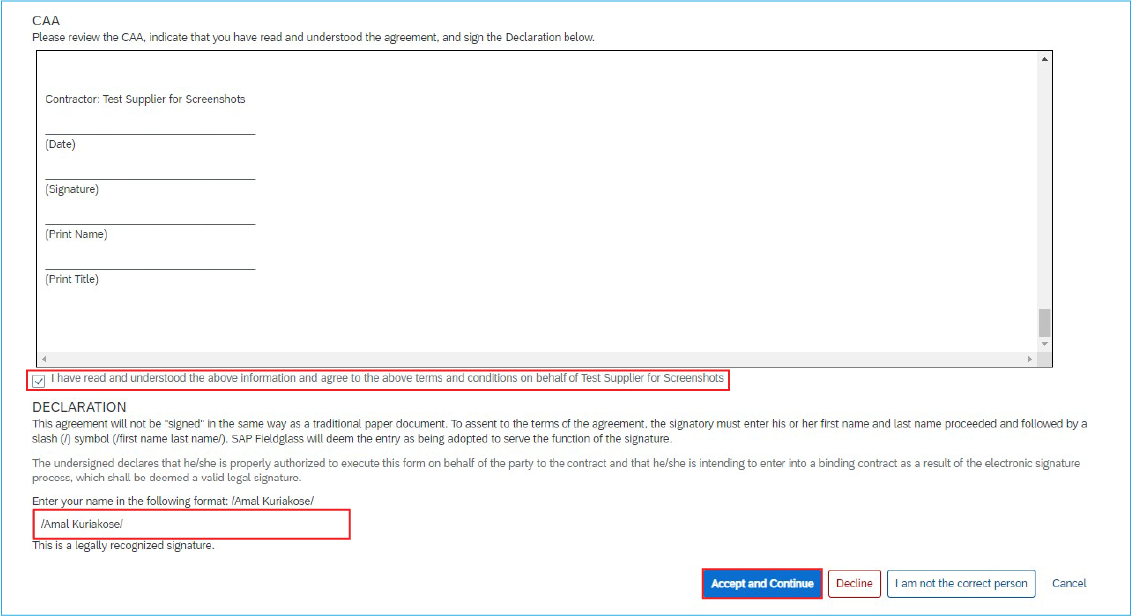 A screenshot of the terms and conditions of the Contractor Access Agreement (CAA), with the checkbox to indicate that you’ve read and understood the agreement, signature field and Accept and Continue button highlighted.