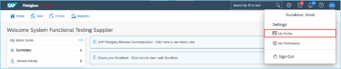 A screenshot of the SAP Fieldglass homepage with the My Profile link highlighted.
