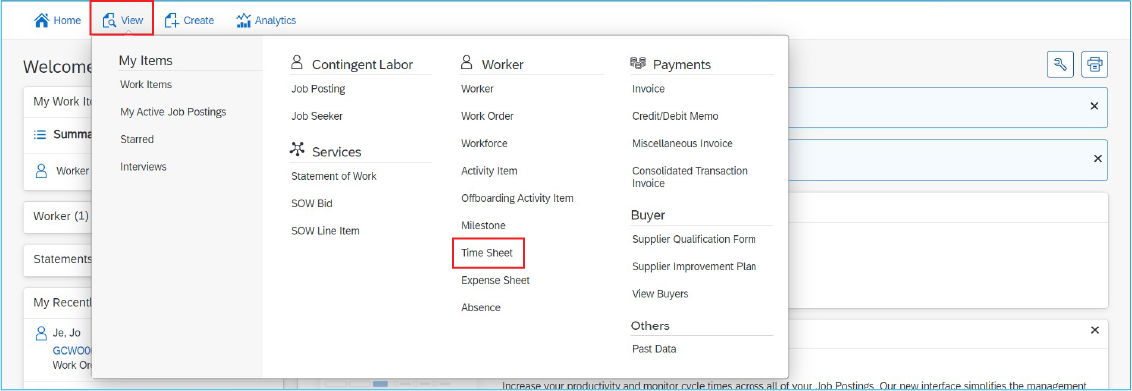 A screenshot of the SAP Fieldglass homepage with red boxes around the View tab and the Time Sheet section in the menu.