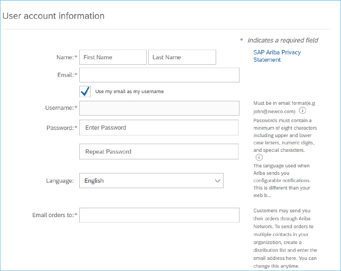 A screenshot of the User Account information section on the SAP Ariba Registration page.