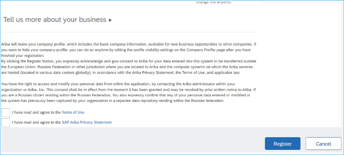 A screenshot of the Terms of Use section on the SAP Ariba Registration page.