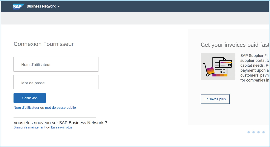 Saisie d’écran de la page de connexion des fournisseurs pour SAP Ariba.