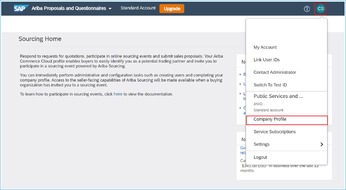 A screenshot of the SAP Ariba homepage with the user drop-down menu open and the Company profile option highlighted.