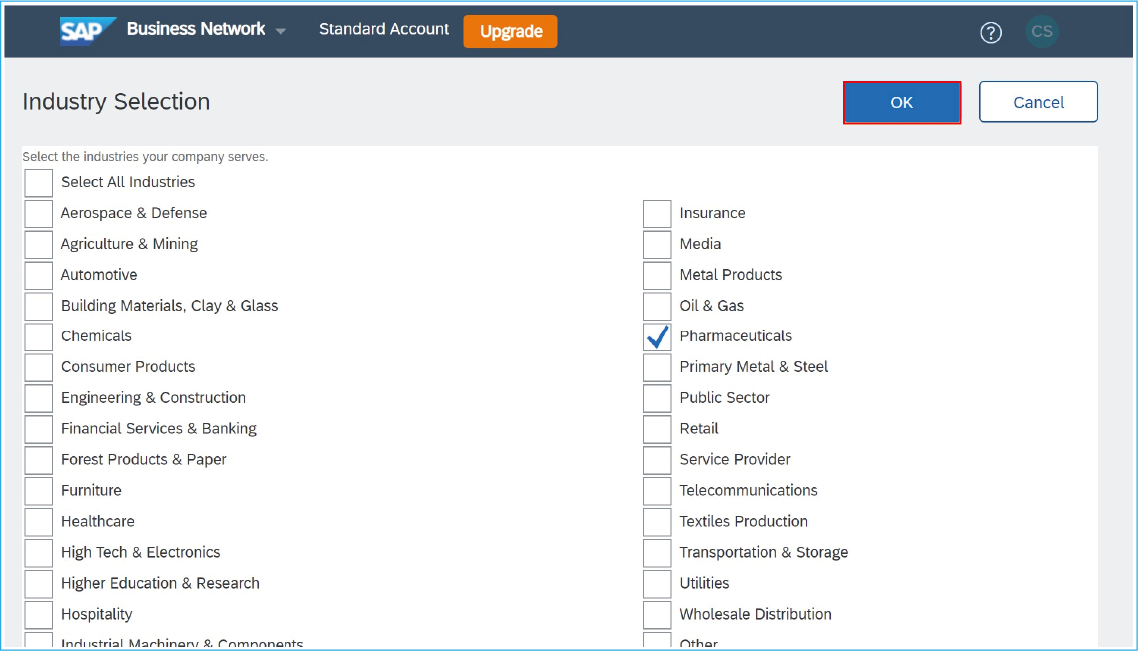 A screenshot of the browse tab of the Industry selection page, with the OK button highlighted. 