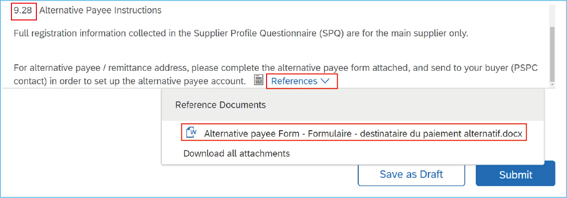 A screenshot of question 9, with red boxes around 9.28, the References link and the Alternative payee Form – Formulaire – destinataire du paiement alternatif link.