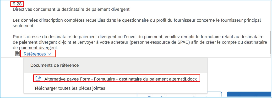 Une saisie d’écran de la question 9 montrant des encadrés rouges autour du chiffre 9.28, du lien « Références » et du lien « Alternative payee Form - Formulaire - destinataire du paiement alternatif ».