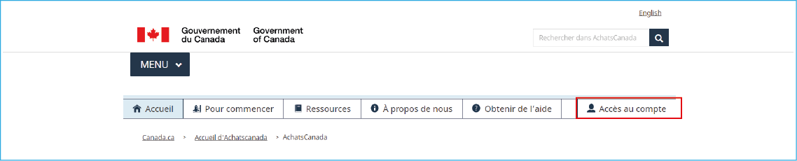 Une capture d’écran du site Web d’AchatsCanada avec un encadré rouge autour du lien d’accès au compte. 