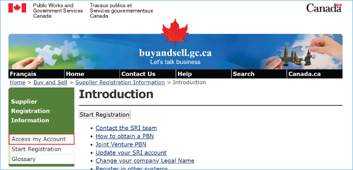 A screenshot of the SRI system website, with the Access My Account in the left-hand navigational menu highlighted.
