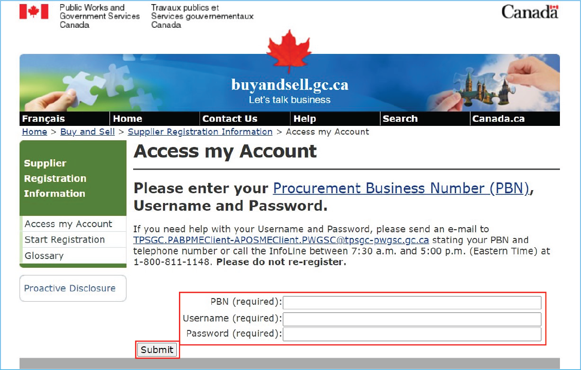 A screenshot of the SRI system website, with fields PBN, Username, and Password, and the Submit button highlighted. 