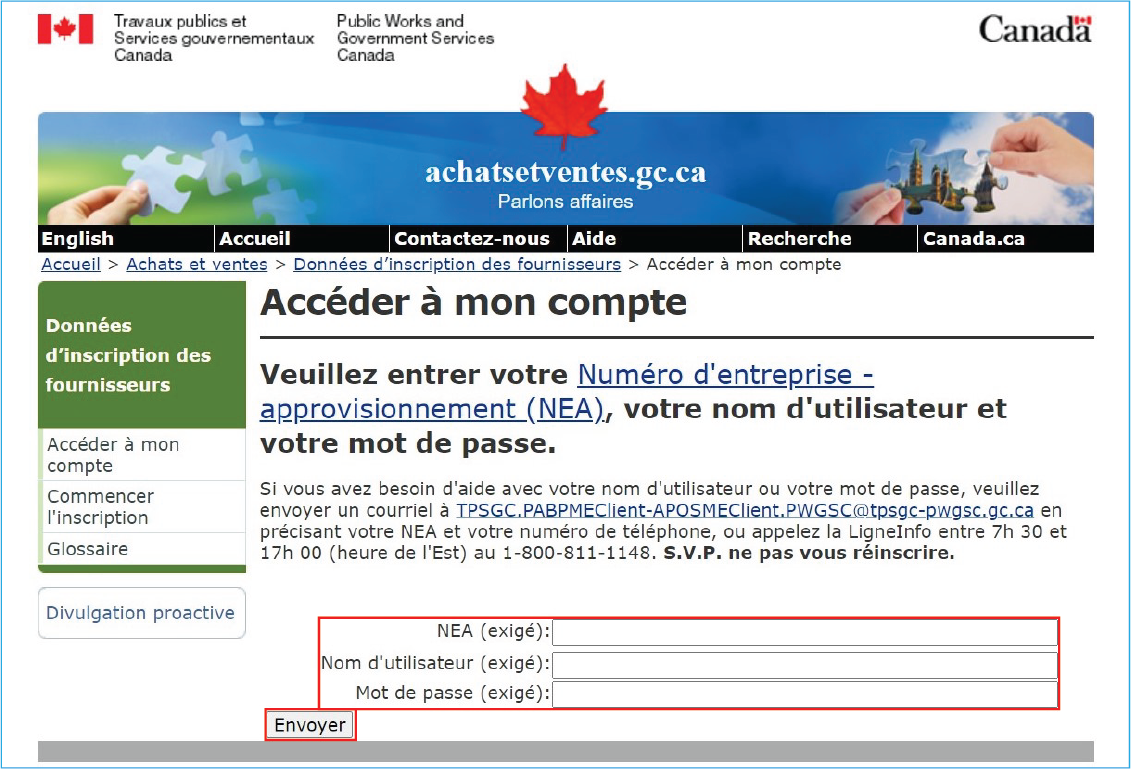 Capture d’écran du site Web du système de DFI, avec des encadrés rouges autour des champs de NEA, du nom d’utilisateur et du mot de passe, et du bouton « Envoyer ».