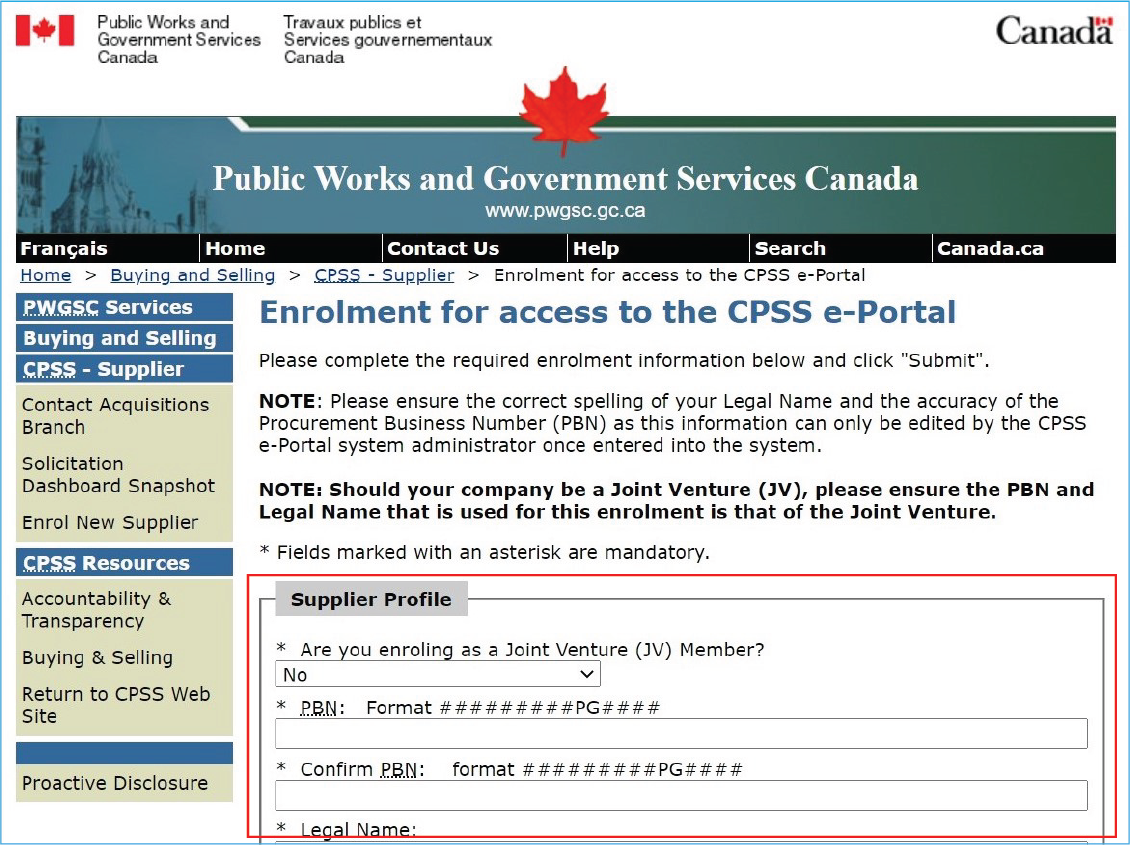 A screenshot of the CPSS website, with the Supplier Profile form highlighted.