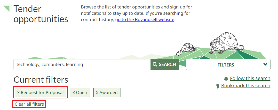 A screenshot of the Tender opportunities page, with the current filters and clear all filters link highlighted. 