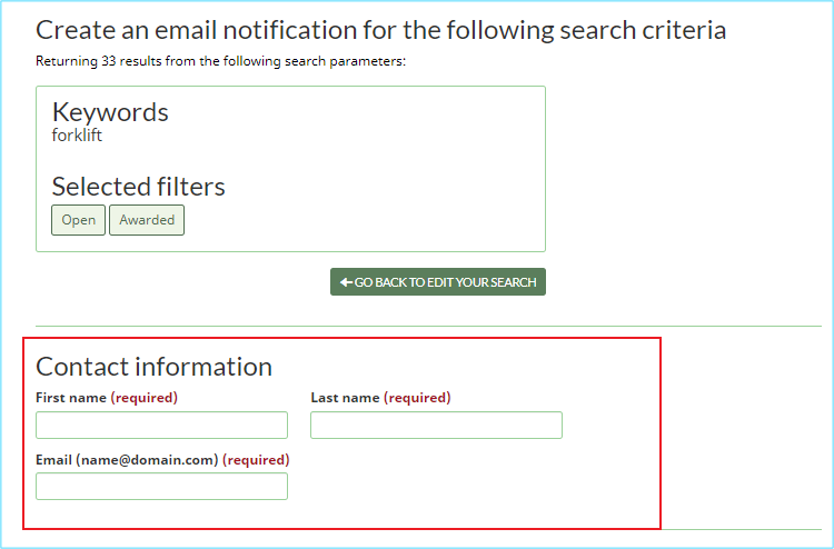 A screenshot of the Contact information section of the Create an email notification for the following search criteria page.