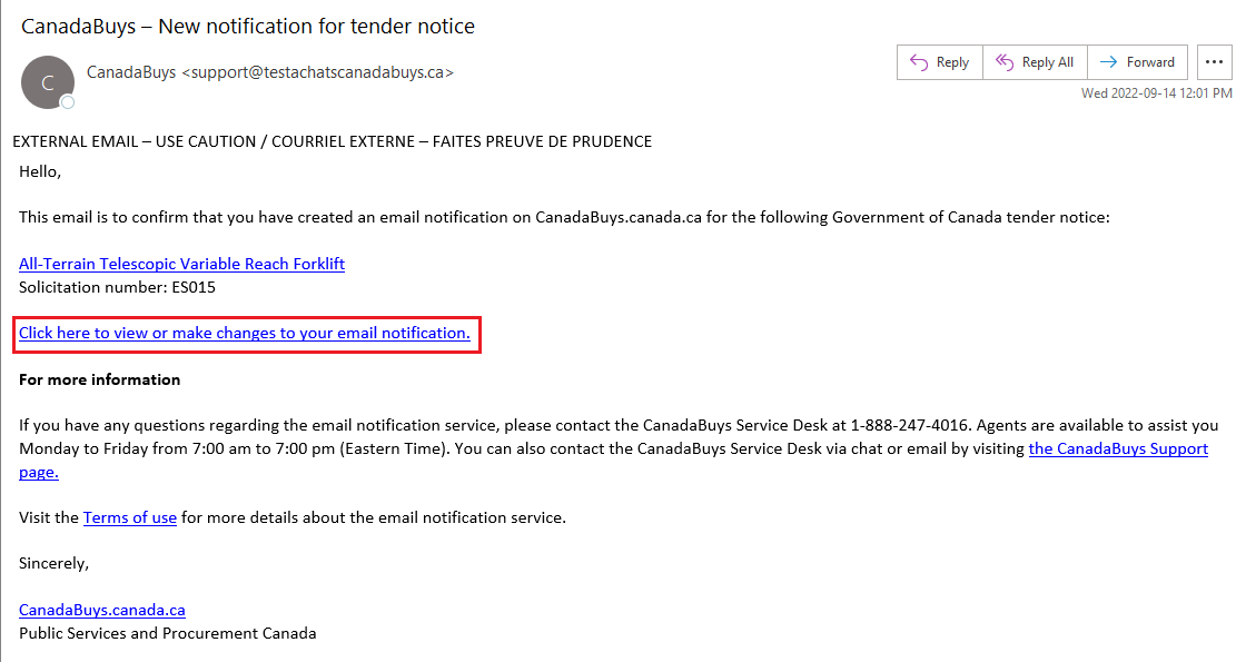A screenshot of a confirmation email from CanadaBuys with the Click here to view or make changes to your email notifications link highlighted.