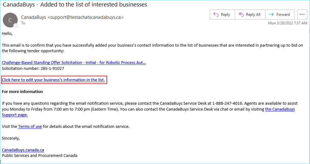 A screenshot of a confirmation email from CanadaBuys with the Click here to edit your business’s information in the list link highlighted.