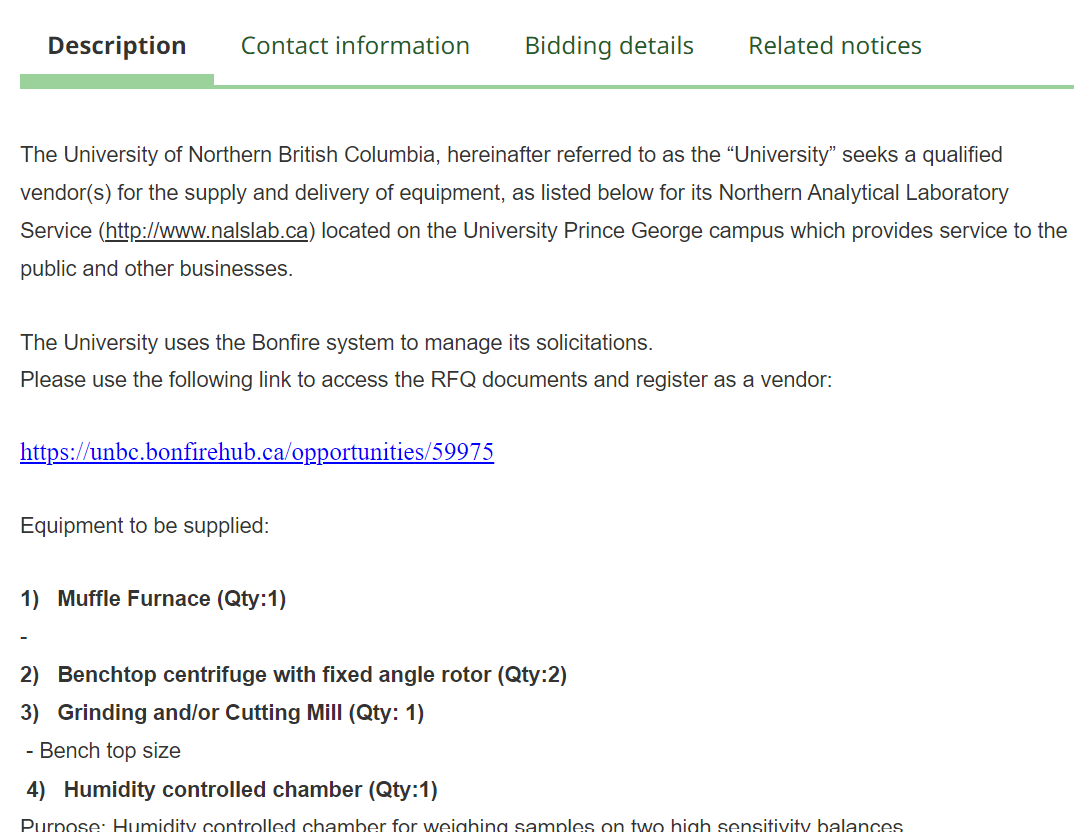 A screenshot of the Description tab of a tender notice on CanadaBuys.