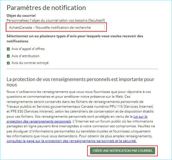 Capture d’écran de la page des Paramètres de notifications, avec le champ « Objet du courriel » et le bouton « Créer une notification par courriel » mis en évidence.