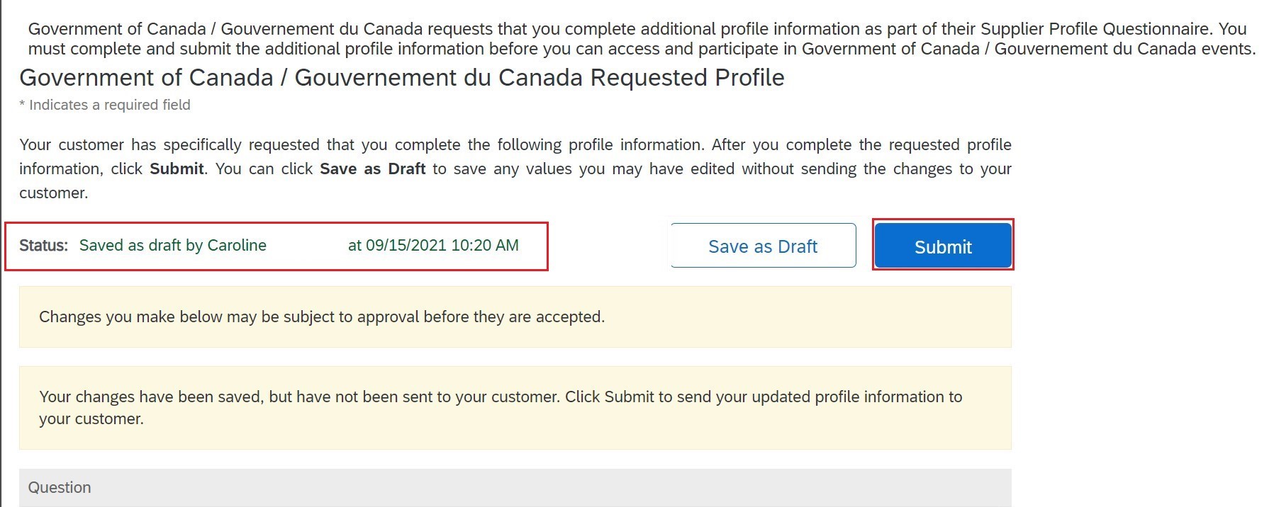 A screenshot of the top of the questionnaire with the Submit button and the status message highlighted. 
