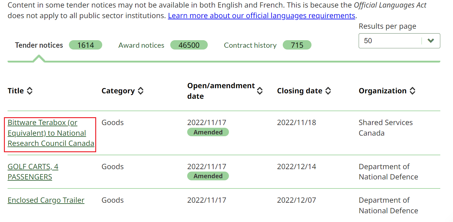 screenshot of the title of a tender notice on the Tender opportunities page.