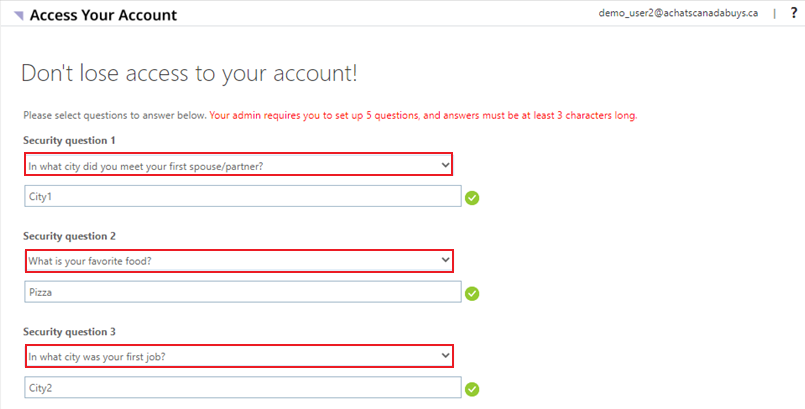 A screenshot of the Don’t lose access to your account! page with Security question 1, Security question 2 and Security question 3 highlighted. 