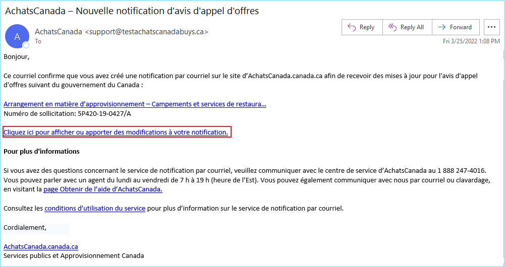 Capture d’écran du courriel de confirmation d’AchatsCanada, avec le lien « Cliquez ici pour afficher ou apporter des modifications à votre notification » mis en évidence.