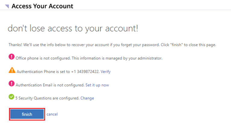 A screenshot of the Don’t lose access to your account! Page with the Finished button highlighted.