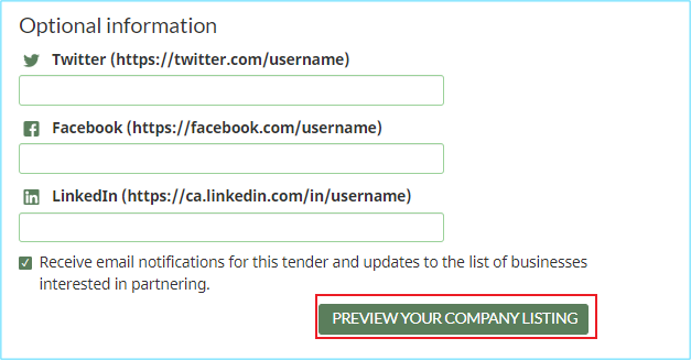 A screenshot of the page to edit your company information with the Preview your company listing button highlighted.