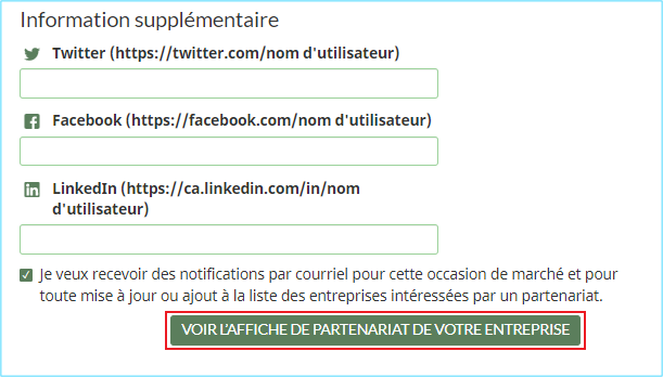 Capture d’écran de la page permettant de modifier les renseignements de l’entreprise, avec le bouton « Voir l’affiche de partenariat de votre entreprise » mis en évidence.