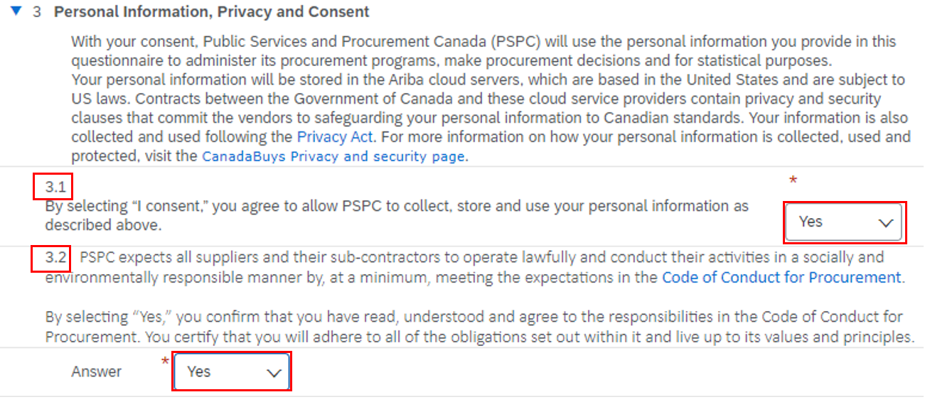 A screenshot of question 3 of the Government of Canada questionnaire with questions 3.1 and 3.2 and the answer drop-down boxes highlighted. 