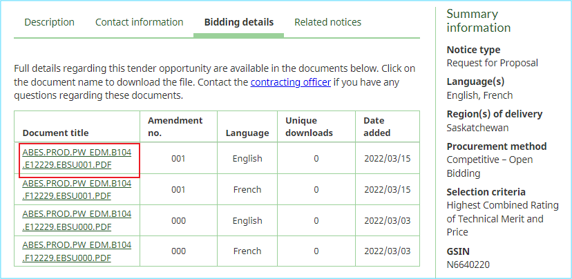 A screenshot of the Bidding details of a tender notice, with the link to a solicitation document highlighted in the Document title column of the documents table. 