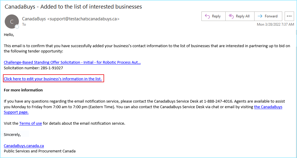 A screenshot of a confirmation email from CanadaBuys with the Click here to edit your business’s information in the list link highlighted.
