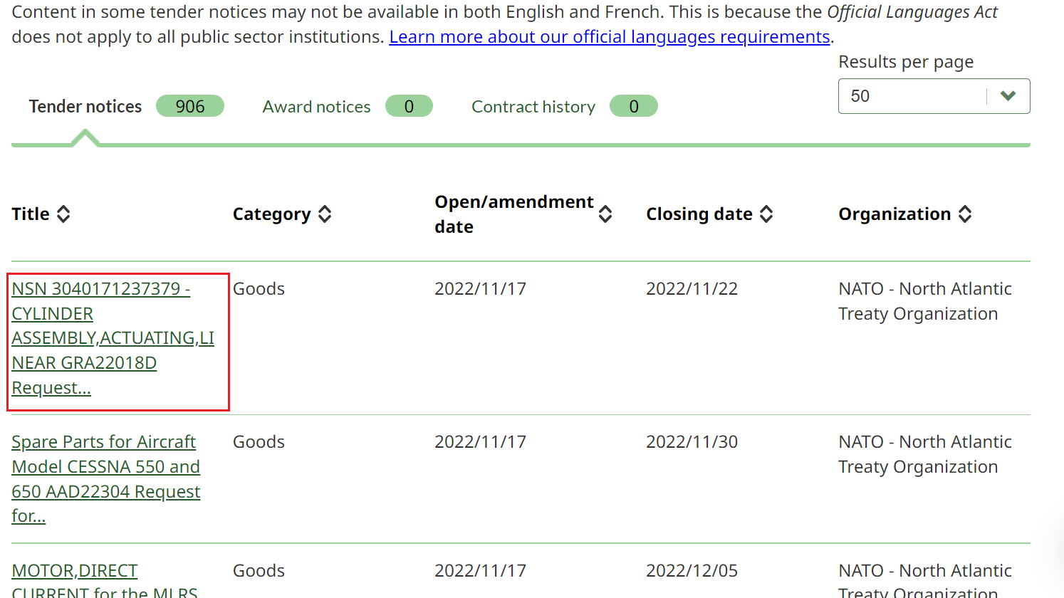 A screenshot of the Tender opportunities page, with the title of a NATO tender notice highlighted.