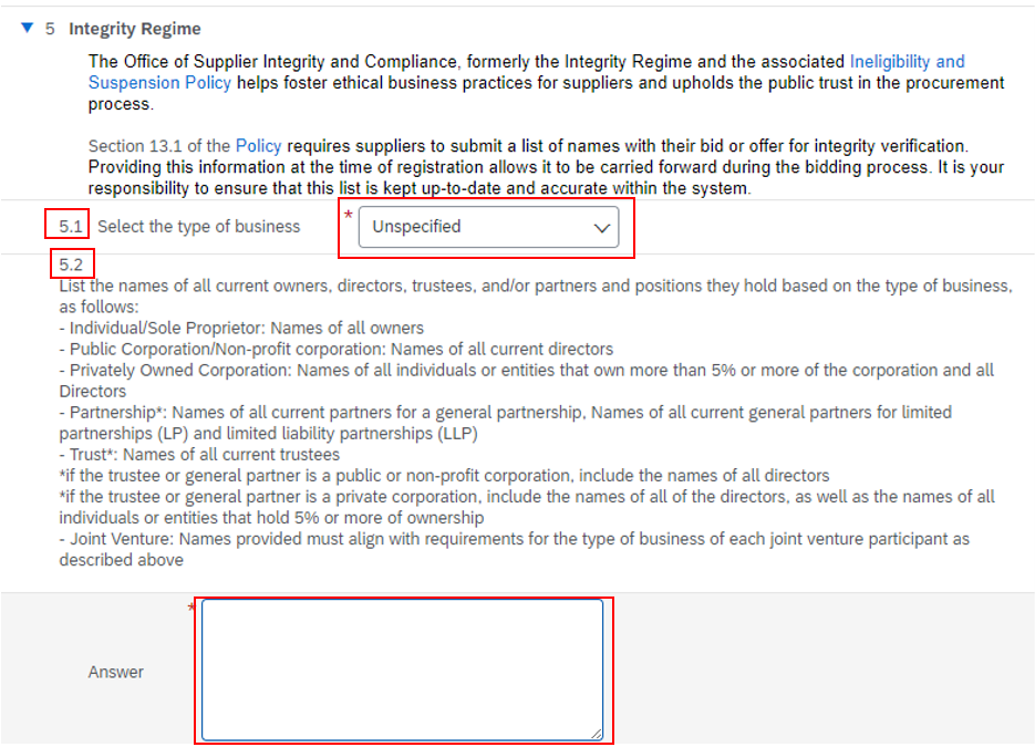 A screenshot of question 5 with 5.1, 5.2, the answer drop-down box and the text field highlighted.