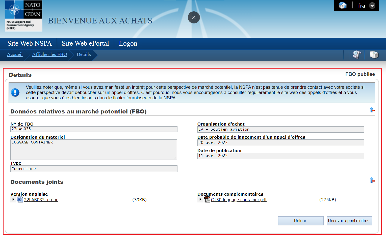 Capture d’écran des details d’un avis d’appel d’offres sur le portail d’approvisionnement électronique de la NSPA, avec la section Détails mise en évidence. 