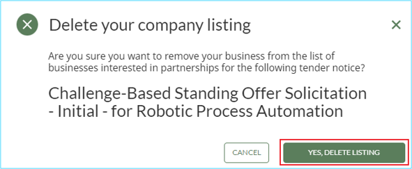 A screenshot of a pop-up window to delete your company listing with the Yes, delete listing button highlighted.