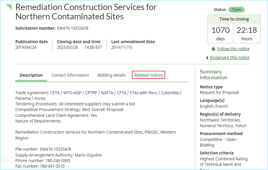 A screenshot of the Description of the tender notice, with the Related notices tab highlighted. 