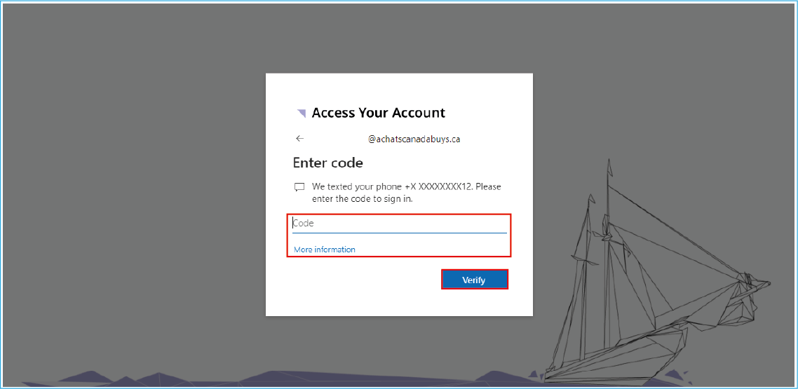 A screenshot of the Access your account page, with the Code field and the Verify button highlighted.