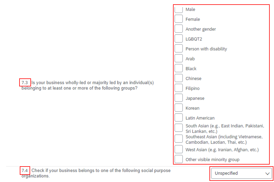 A screenshot of question 7 – Voluntary Under-represented Groups Self-identification - in the supplier questionnaire in SAP Business Network, with 7.3, 7.4 and the answer drop-down fields highlighted. 