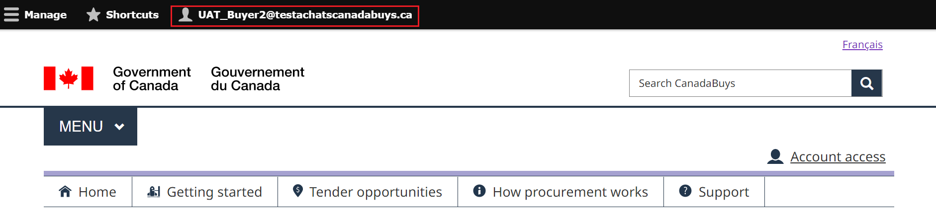 A screenshot of the CanadaBuys homepage, with an account name highlighted.