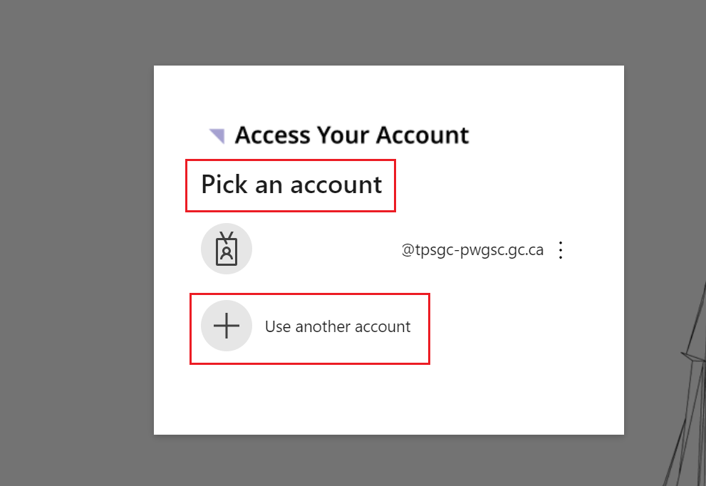 A screenshot of the Access your account page with  the Pick and account section and the Use another account link highlighted.