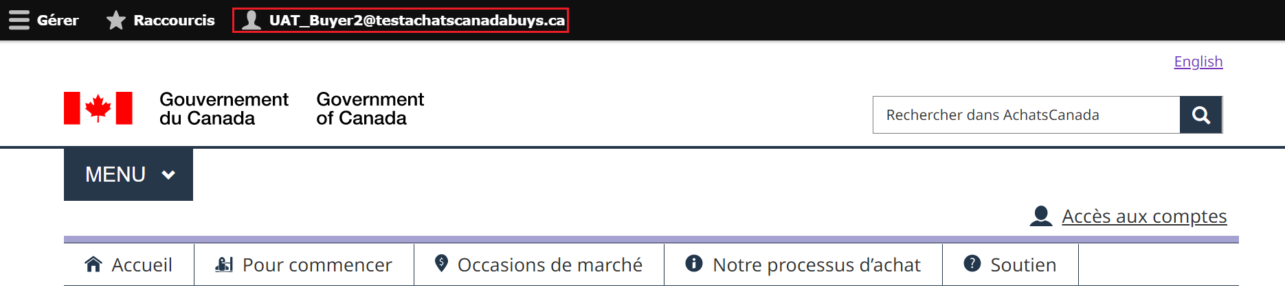 une capture d'écran de la page d'accueil d’Achats, avec un nom de compte mis en évidence.
